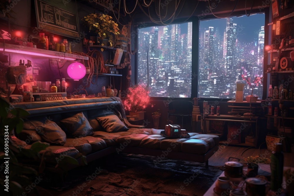 AI generated view of Cyberpunk theme interior room with dark and glowing neon