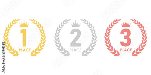 Set of Award First, Second and Third Places. Gold, Silver and Bronze Laurel Wreath for Trophy Cup. Champion and Winning Concept. Vector Illustration.