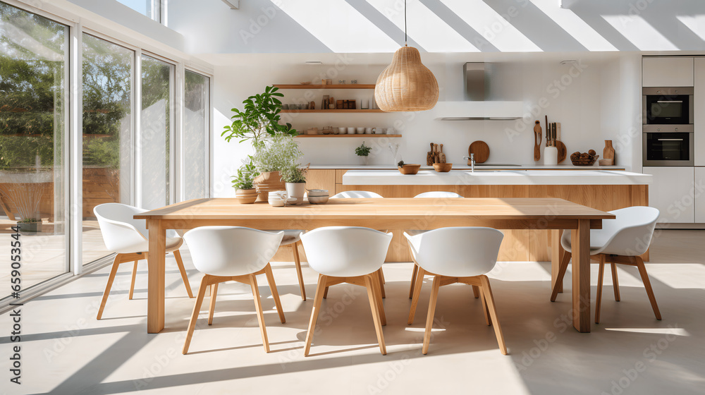 Scandinavian Interior Design with Kitchen Island, Dining Table, and Chairs, generative Ai