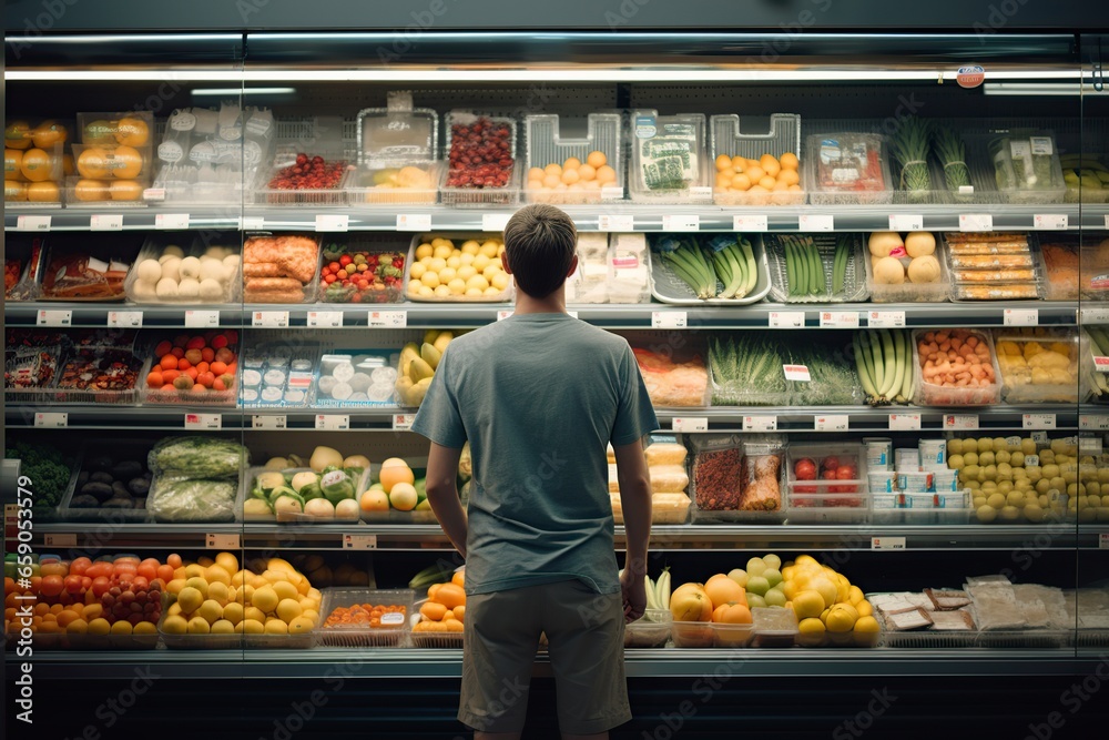 man shopping in the supermarket and looking slowly - obrazy, fototapety, plakaty 
