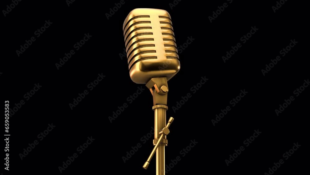 Gold microphone rotating on alpha channel background in seamless loop.