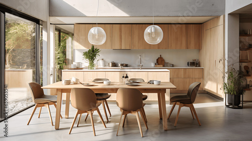 Scandinavian Interior Design with Kitchen Island  Dining Table  and Chairs  generative Ai