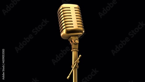 Gold microphone rotating on alpha channel background in seamless loop.