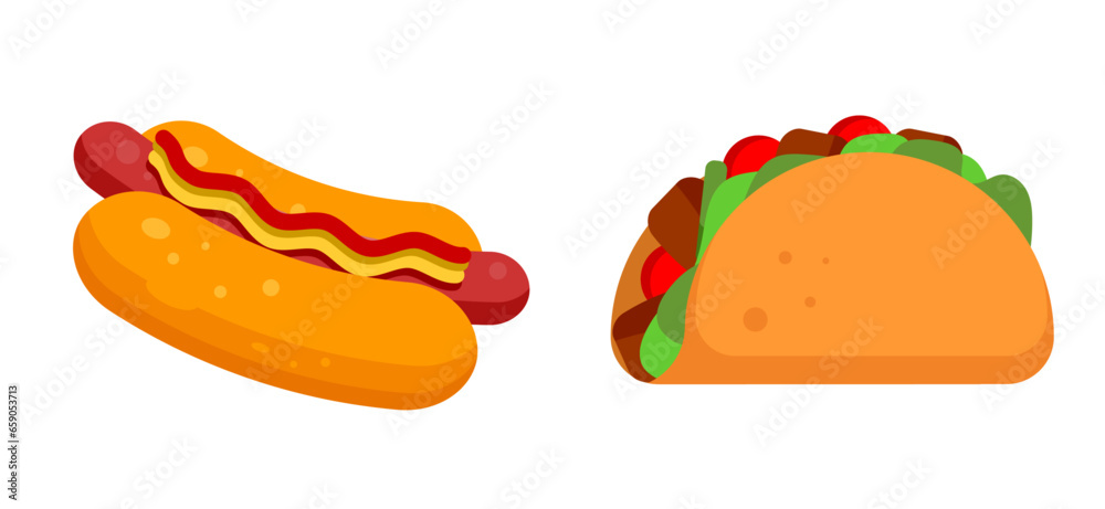 Hot dog and tacos street food delicious vector illustration Hot dog and tacos street food delicious vector illustration