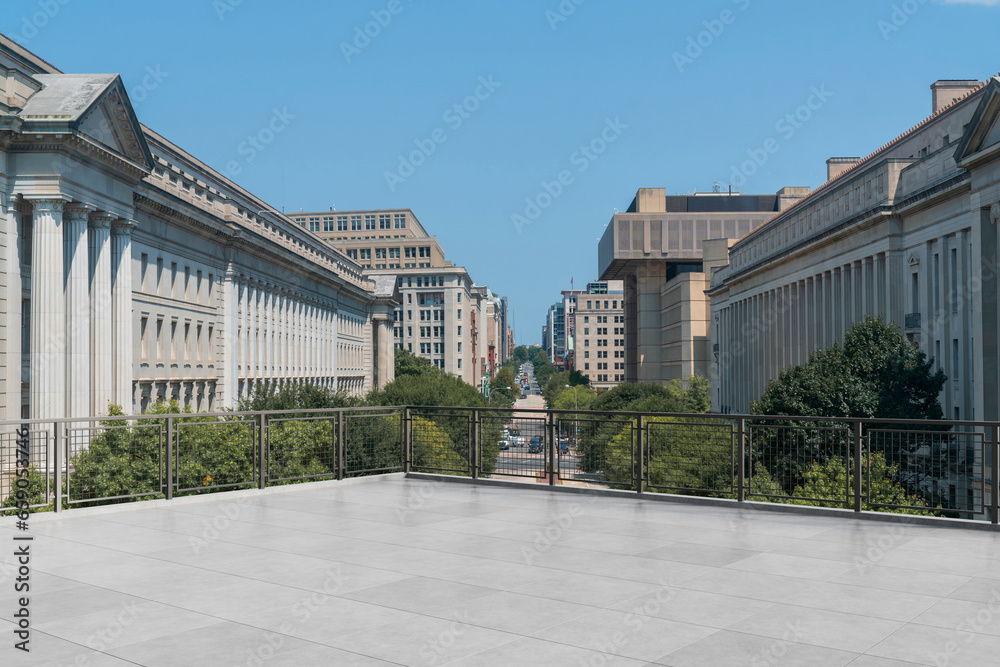 Washington Skyline. Beautiful Real Estate. Day time. Empty rooftop View. Success concept.