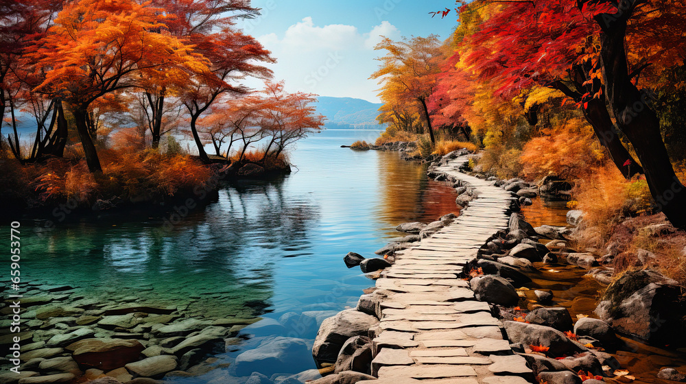 Obraz premium autumn landscape, trees by the river