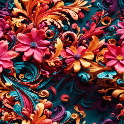 Colorful Digital 3D Art Flowers Seamless Pattern Background Floral Design Graphic - ai generated