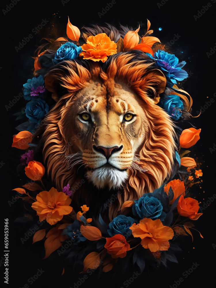 tiger head in colorful flower wreath vector illustration on black background. Isolation background. Vector illustration, t shirt print