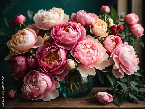 pink peonies isolated on wooden table, flower shop mockup © ArtistiKa