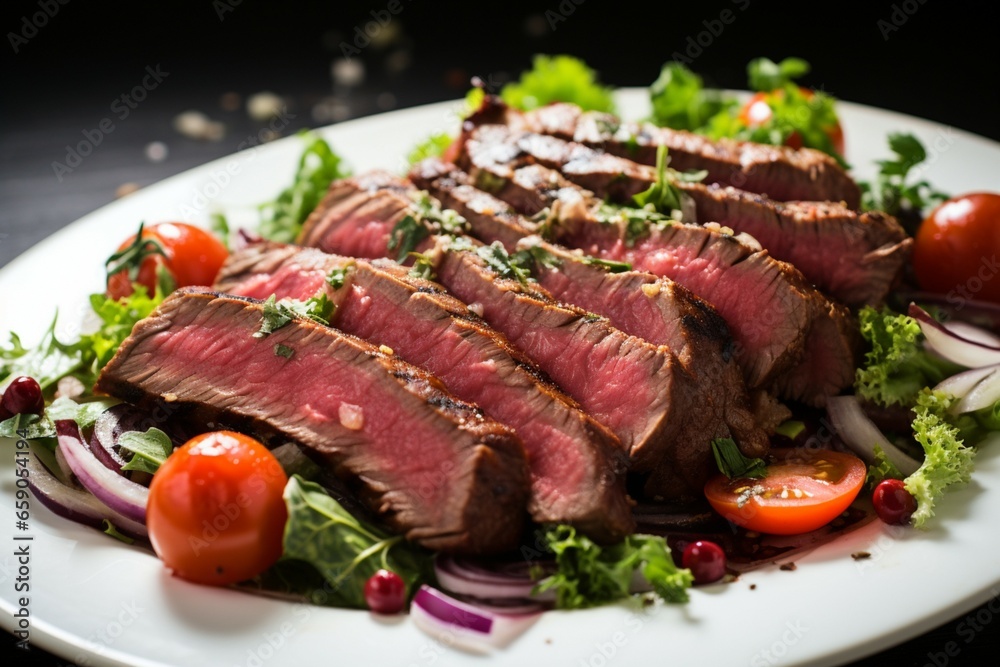A juicy flank steak takes the spotlight in this close up vegetable salad