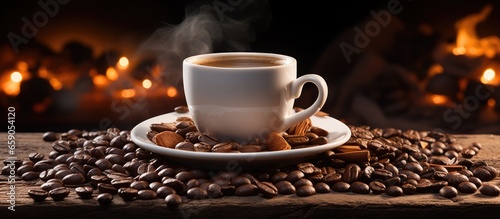 Warm inviting coffee scene with white cup beans sugar on wooden table against dark backdrop