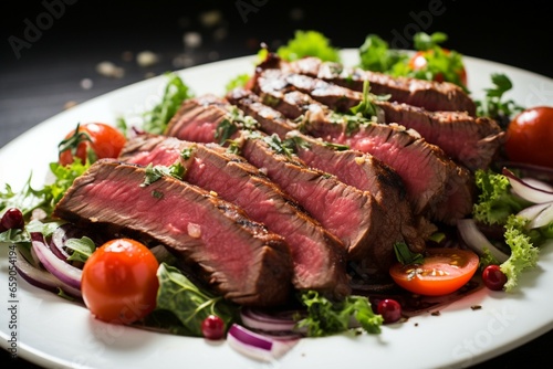 A juicy flank steak takes the spotlight in this close up vegetable salad
