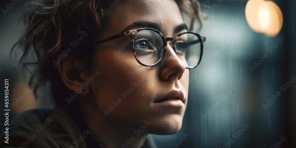 Portrait of a Woman in The Rain. Autumn mood. Beautiful Female face with glasses in raindrops, close up