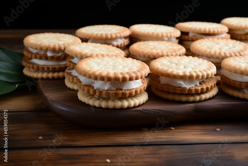 Abundance of coconut filled sandwich cookies on a wooden backdrop with copy space