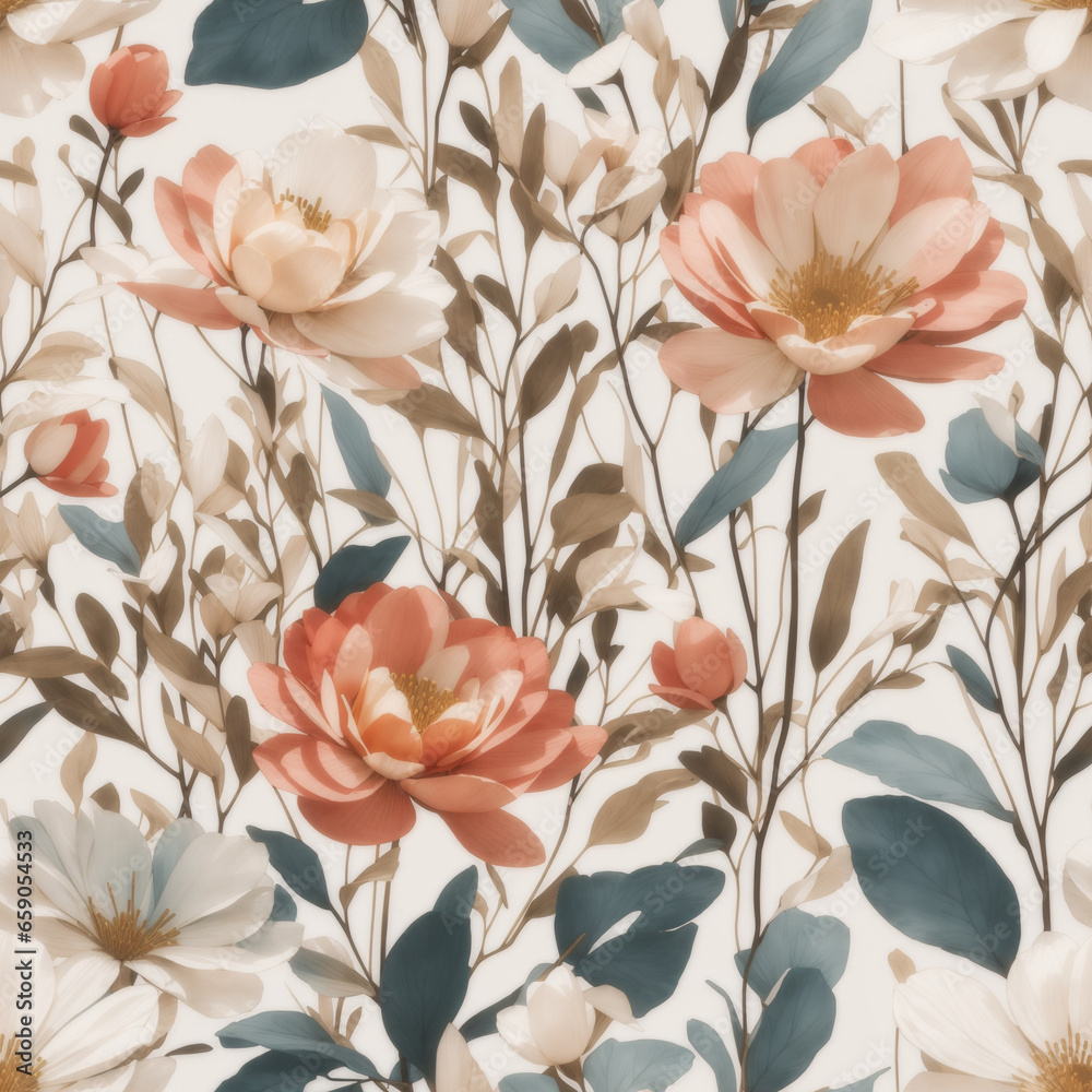 Pastel Colored Retro Flowers Seamless Pattern Colorful Digital Background Floral Design - ai generated