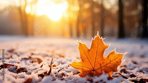 Beautiful colorful nature with bright orange leaves covered with frost in late autumn or early winter.