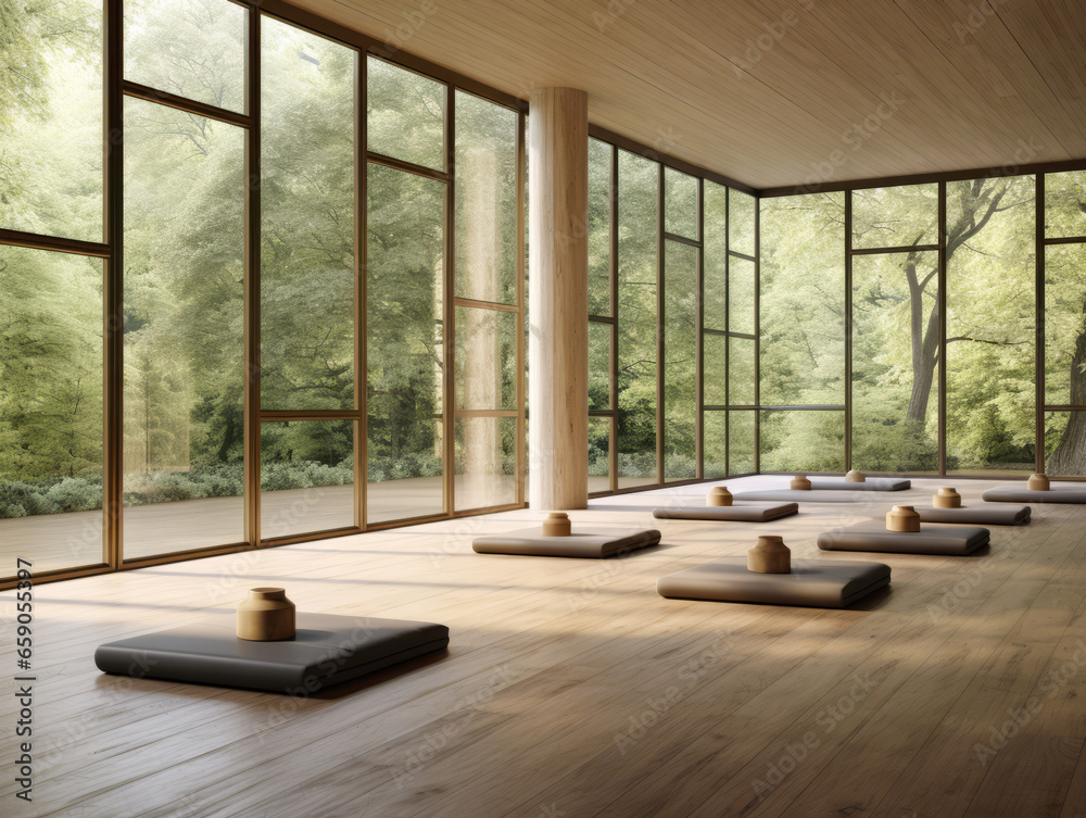 Fototapeta premium yoga room with wooden floor and large windows. Generative AI