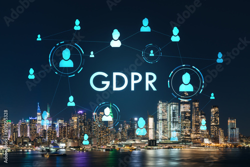 New York City skyline from New Jersey over the Hudson River with Hudson Yards at night. Manhattan, Midtown. GDPR hologram, concept of data protection, regulation and privacy for all individuals