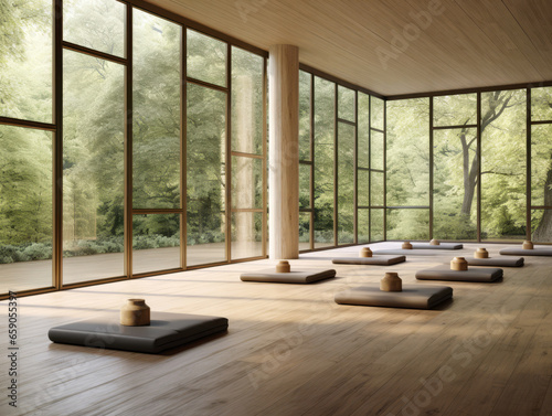 yoga room with wooden floor and large windows. Generative AI © Who is Danny
