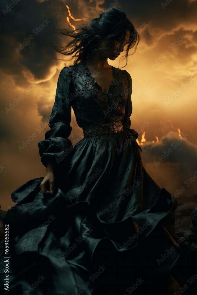 A woman in a black dress stands against the backdrop of a brilliant sky filled with majestic clouds, her flowing gown creating a sense of regal beauty