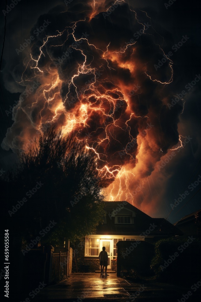 A blazing display of lightning illuminates the night sky, creating an awe-inspiring view of nature's beauty and power against the backdrop of a distant mountain