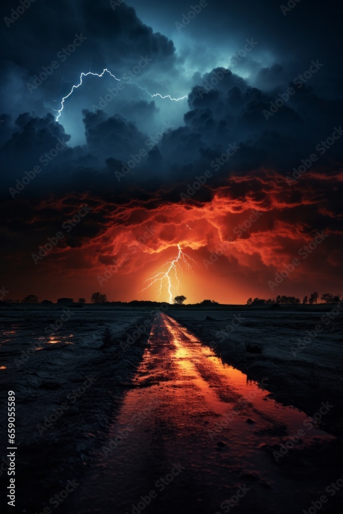 A dramatic sunset looms over the horizon, illuminated by the powerful ...