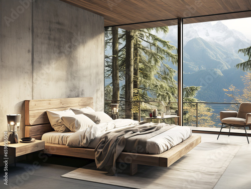 Luxury bedroom interior with concrete floor, comfortable king size bed and mountain view. Generative AI © Who is Danny