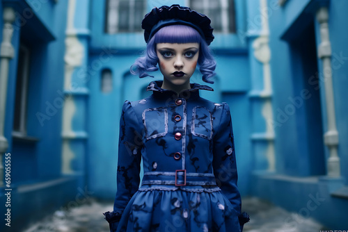 photo of a young girl in a magic creature cosplay, wearing dark Halloween make up, contact lenses and violet hair, looking scary. Generative AI.