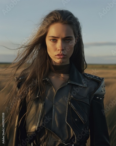 A woman in a leather jacket stands confidently beneath a wide open sky, embodying a powerful sense of fashion and freedom