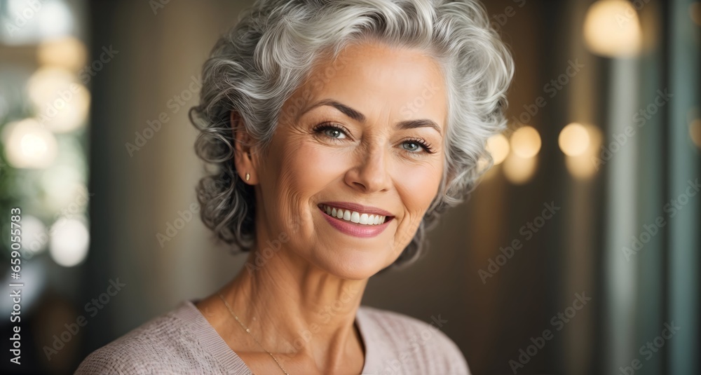 The most beautiful female model in her fifties with gray hair, laughing and smiling, is captured in a close-up portrait of a mature and elderly woman with healthy skin and skincare cosmetics
