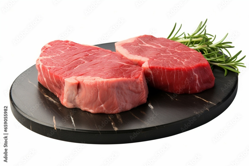 Isolated on a white background, two circular raw beef steaks on an oval board