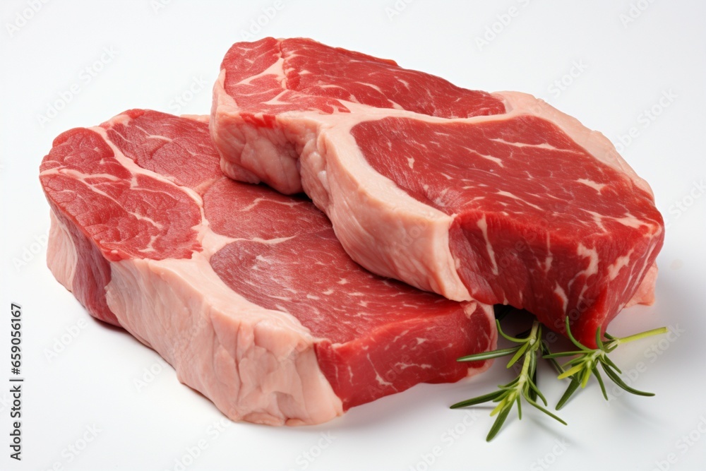 Pair of uncooked beef steaks isolated on a clean white background
