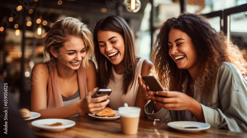 stockphoto, copy space, Group of young women having fun sharing media with an cellphone. Three girls looking to the smartphone on a coffee shop, restaurant or bar. Young people enjoying while using in