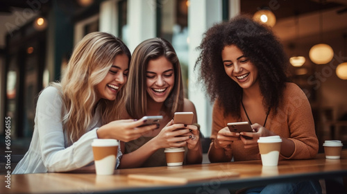 stockphoto  copy space  Group of young women having fun sharing media with an cellphone. Three girls looking to the smartphone on a coffee shop  restaurant or bar. Young people enjoying while using in