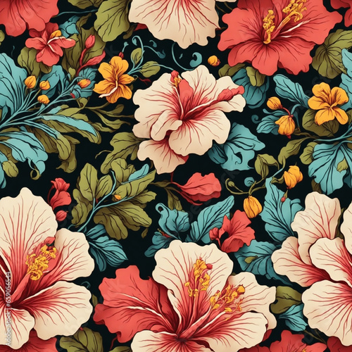 Hibiscus Flowers Colorful Blossoms Seamless Pattern Colorful Digital Background Floral Design - ai generated