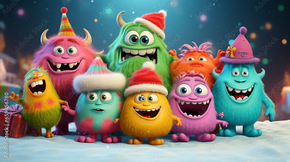 COLORFUL CHRISTMAS CARD WITH HAPPY, FUNNY, CARTOON MONSTERS, legal AI
