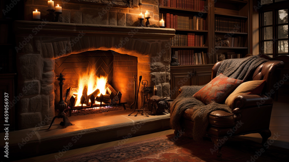 a fireplace with a cozy fire