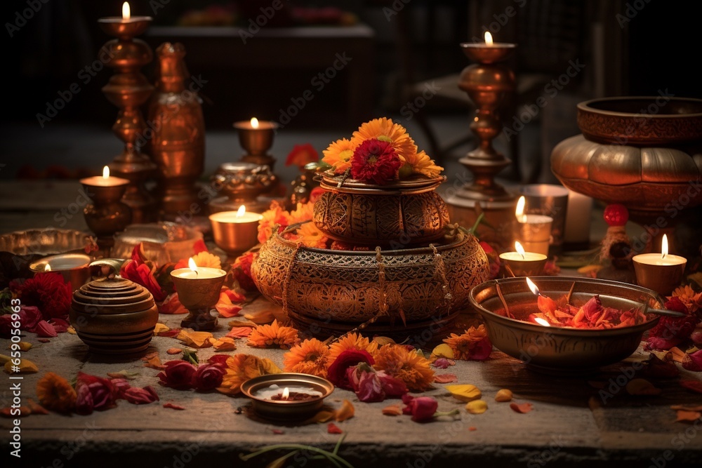 Naklejka premium Diwali Puja Serenity Illuminating Traditions Created with Generative AI