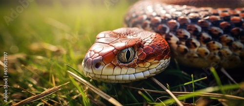 Closeup of a ball python snake on grass closeup of its skin © AkuAku