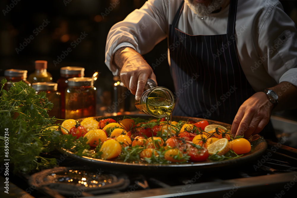 Chef drizzling golden olive oil over a sizzling pan of fresh ingredients. Chef drizzling golden olive oil over a sizzling pan of fresh ingredients.