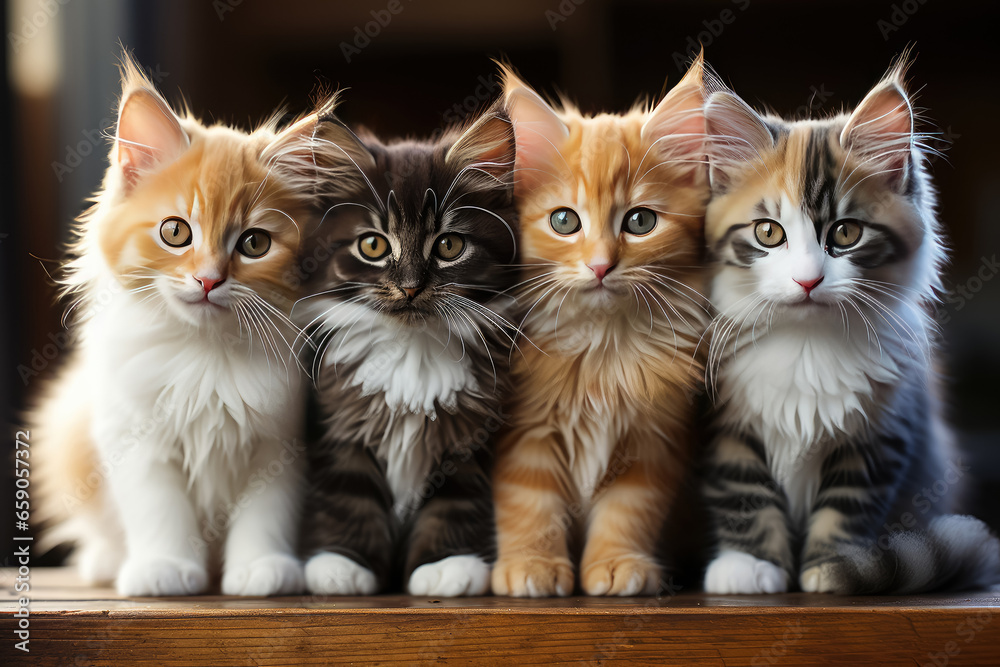 Image of group cats looking camera and sitting on a white background