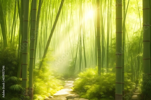 A tranquil bamboo forest with sunlight filtering through the dense foliage