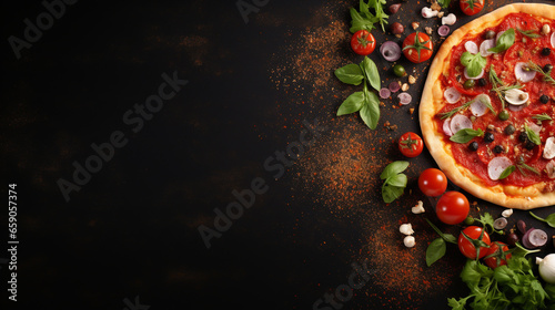 Vászonkép PIZZA INGREDIENTS ON BLACK TABLE WITH EMPTY SPACE FOR INSERT