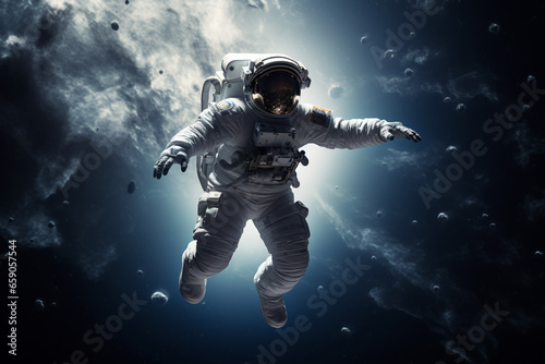 astronaut floated weightlessly in the zero-gravity of space