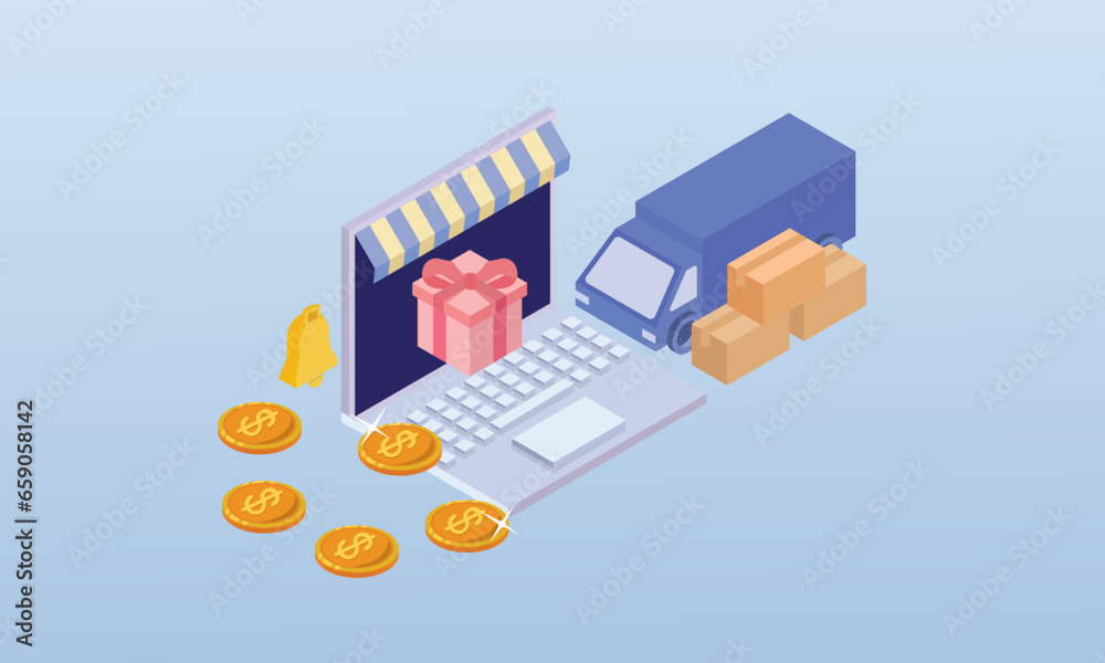 Selling products online.on blue background.3D design.isometric vector design Illustration.