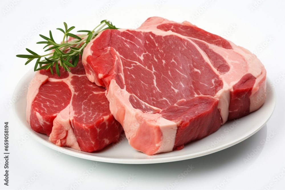 Uncooked beef steaks, starkly contrasting on a white background for isolation