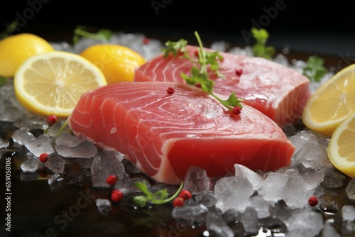Tantalizing raw tuna, adorned with lemon and presented on a bed of ice