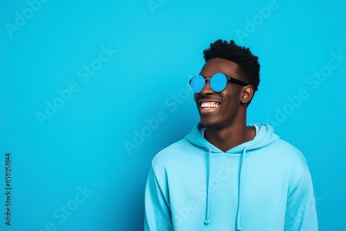 black man with sunglasses and comical face on blue background