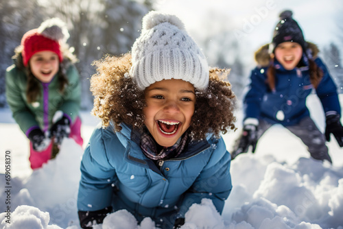 Children from different backgrounds play snow