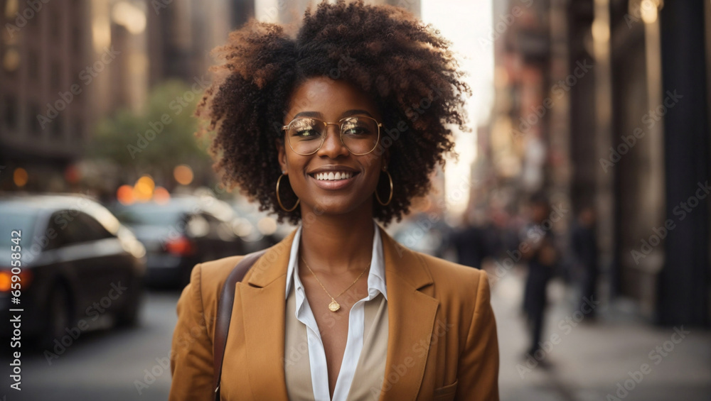 Bellissima donna di origini africane con capelli ricci nella strada di una città con abito elegante Bellissima donna di origini africane con capelli ricci nella strada di una città con abito elegante